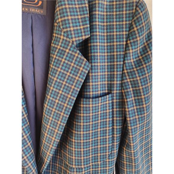 Ellen Tracy VTG Wool Blazer Jacket 6 Navy Chartreuse Micro Tartan Plaid Classic - Picture 5 of 10
